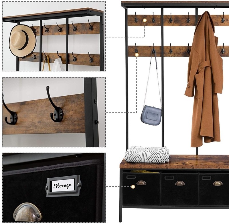 Keatan 39.4'' Wide Iron Hall Tree with Bench and Shoe Storage