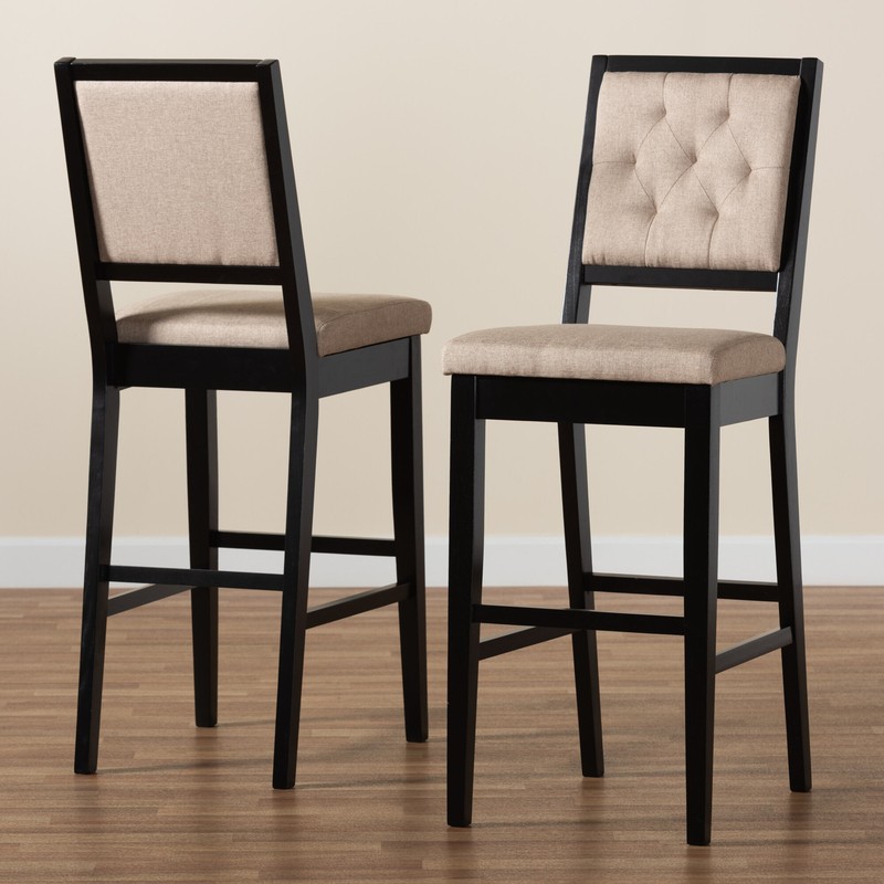Modern And Contemporary Sand Fabric Upholstered And Dark Brown Finished Wood 2-Piece Counter Stool Set