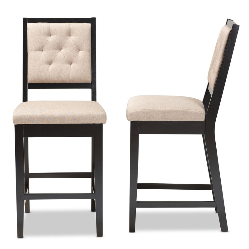 Modern And Contemporary Sand Fabric Upholstered And Dark Brown Finished Wood 2-Piece Counter Stool Set