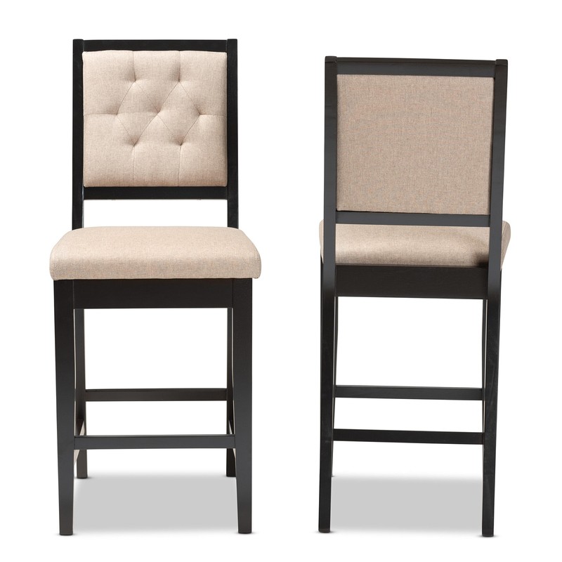 Modern And Contemporary Sand Fabric Upholstered And Dark Brown Finished Wood 2-Piece Counter Stool Set