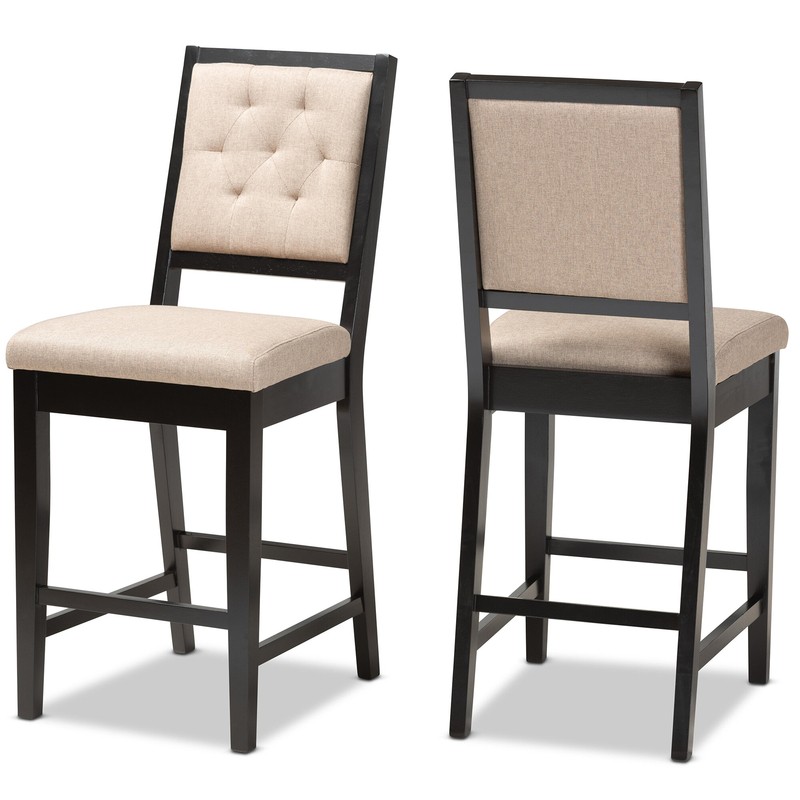 Modern And Contemporary Sand Fabric Upholstered And Dark Brown Finished Wood 2-Piece Counter Stool Set
