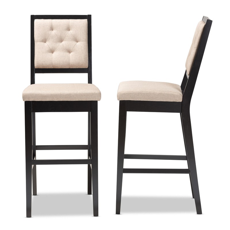 Modern And Contemporary Sand Fabric Upholstered And Dark Brown Finished Wood 2-Piece Counter Stool Set