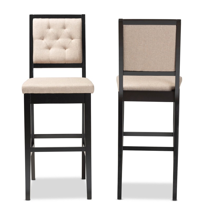 Modern And Contemporary Sand Fabric Upholstered And Dark Brown Finished Wood 2-Piece Counter Stool Set
