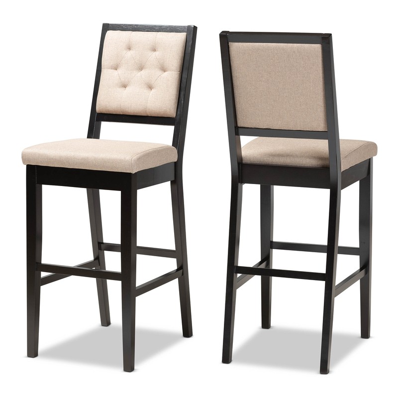 Modern And Contemporary Sand Fabric Upholstered And Dark Brown Finished Wood 2-Piece Counter Stool Set