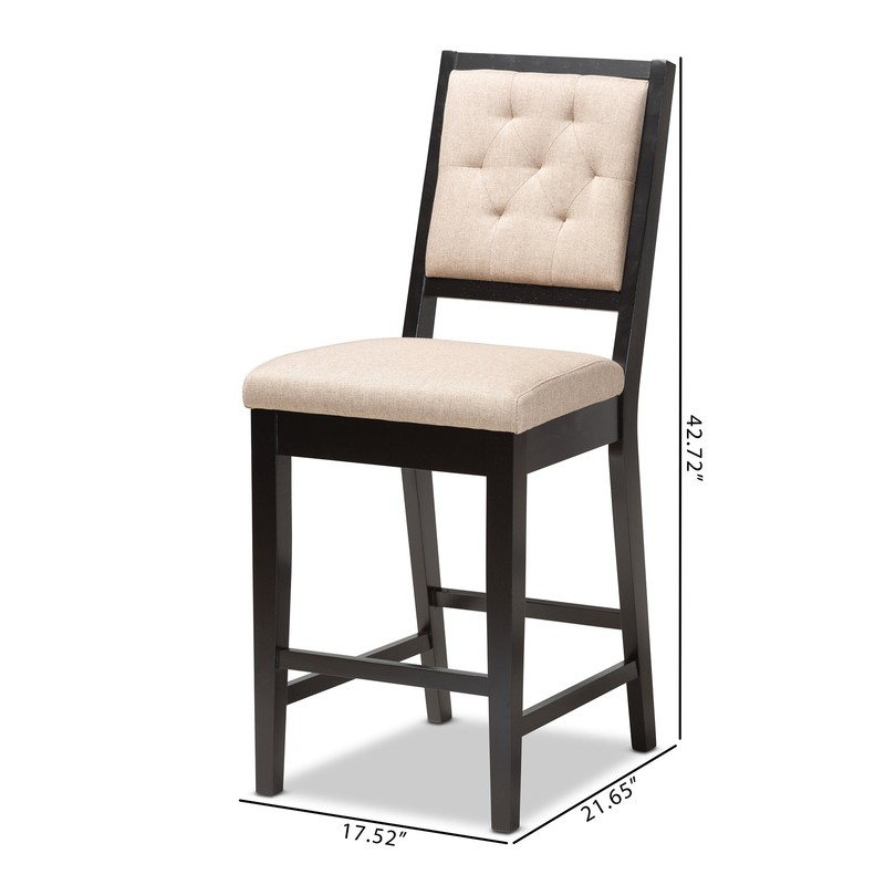 Modern And Contemporary Sand Fabric Upholstered And Dark Brown Finished Wood 2-Piece Counter Stool Set