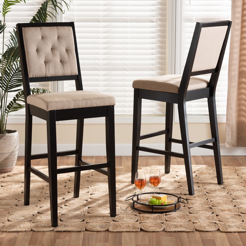 Modern And Contemporary Sand Fabric Upholstered And Dark Brown Finished Wood 2-Piece Counter Stool Set