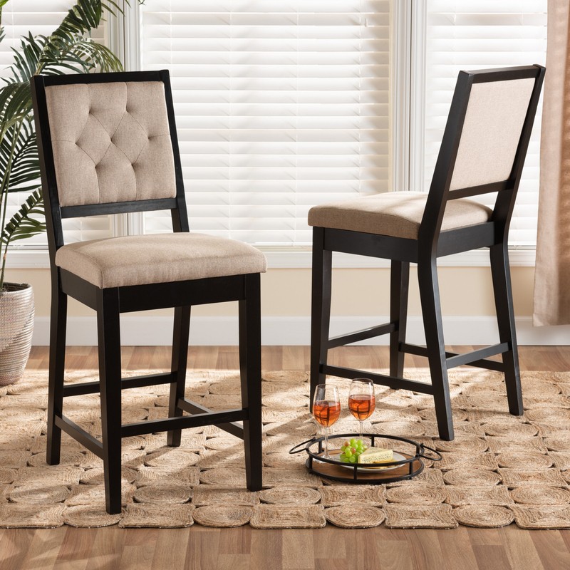 Modern And Contemporary Sand Fabric Upholstered And Dark Brown Finished Wood 2-Piece Counter Stool Set