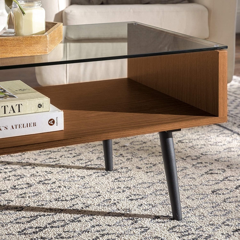 Modern Glass Top 1 Drawer Coffee Table, 42 Inch, Glass And Acorn