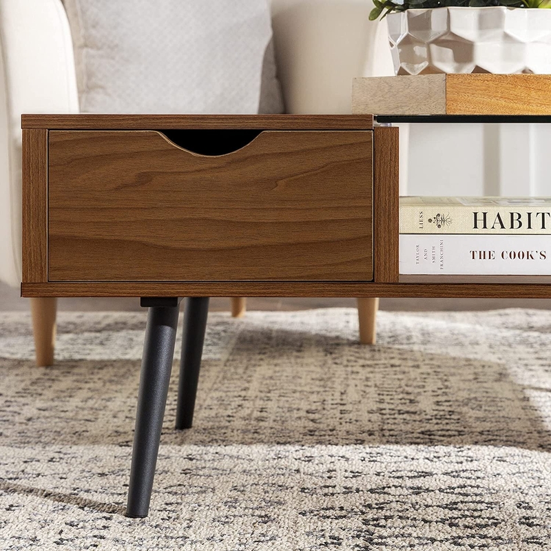 Modern Glass Top 1 Drawer Coffee Table, 42 Inch, Glass And Acorn