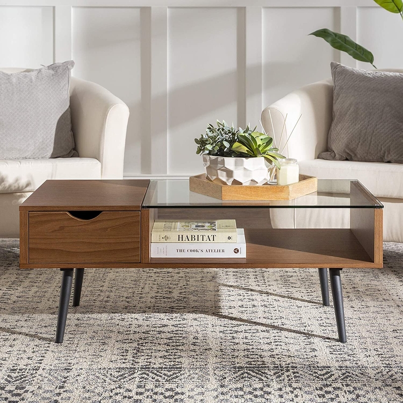 Modern Glass Top 1 Drawer Coffee Table, 42 Inch, Glass And Acorn