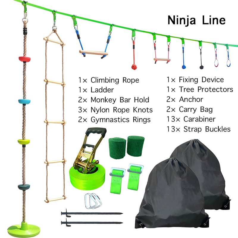 Ninja Line Warrior Obstacle Course Slackline with Climbing Rope Swing Set