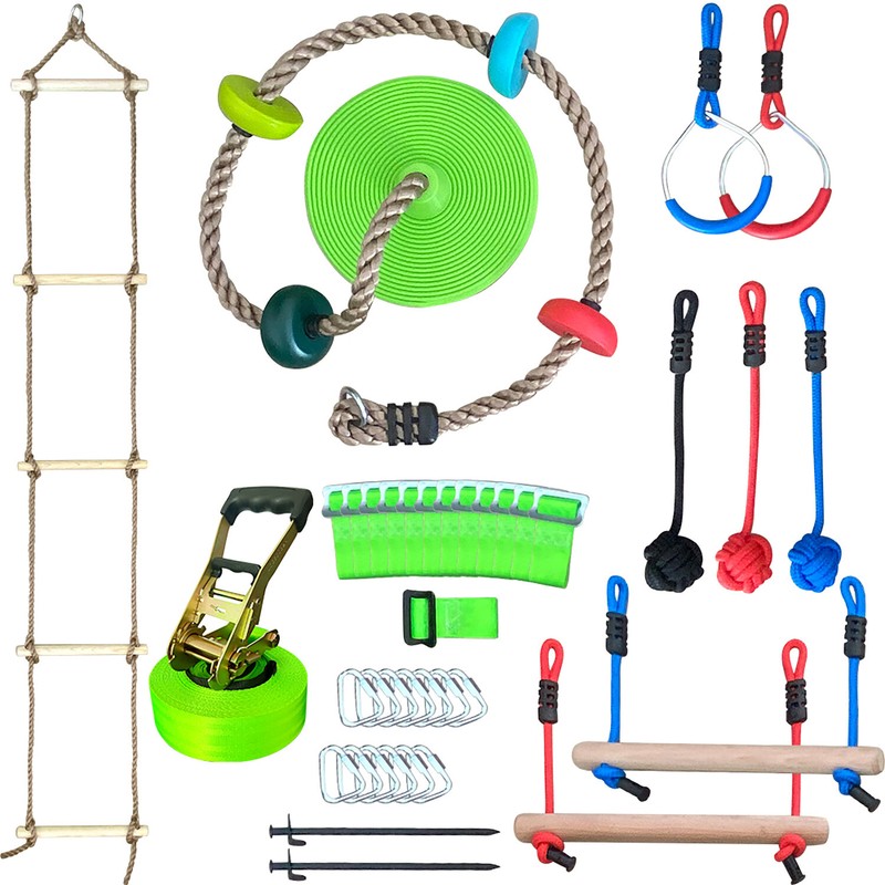 Ninja Line Warrior Obstacle Course Slackline with Climbing Rope Swing Set