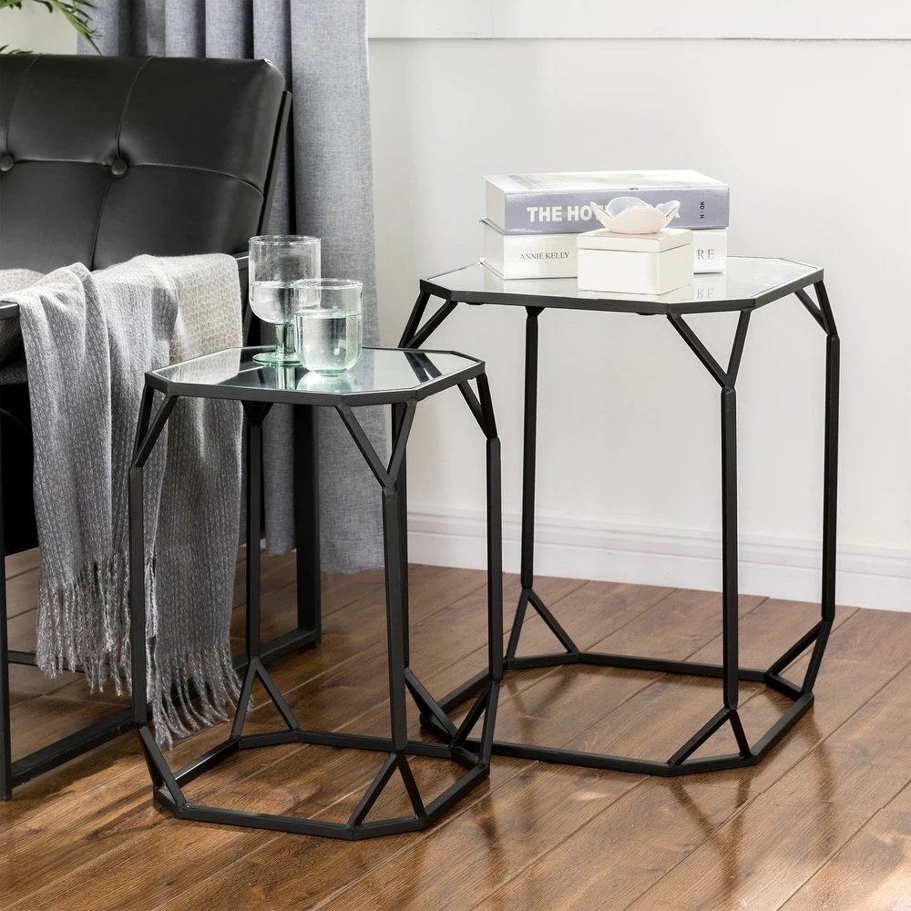 Octagon Black Iron and Glass End Tables