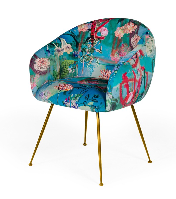 Osbourn Velvet Upholstered Wingback Arm Chair in Blue/Pink