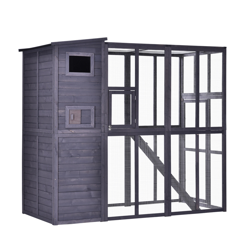 Pawhut Large Wooden Outdoor Cat House With Large Run For Play, Catio For Lounging, And A Condo Area For Sleeping/Living
