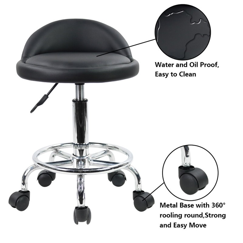 PU Leather Round Rolling Height Adjustable Lab Stool with Footrest
