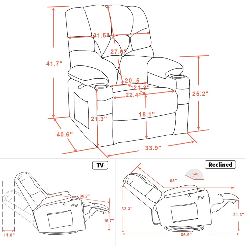 Red Barrel Studio® Electric Power Swivel Glider Rocker Recliner Chair With Cup Holders For Nursery, Hand Remote Control, USB Ports, 2 Side & Front Pockets, Plush Fabric 7797