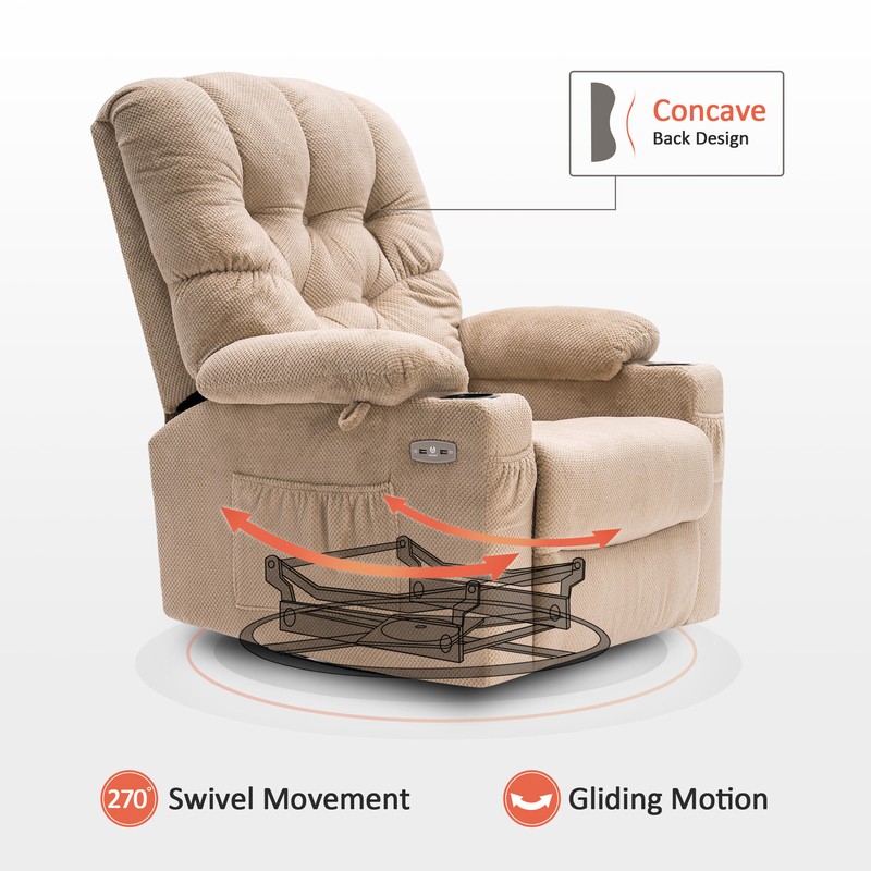 Red Barrel Studio® Electric Power Swivel Glider Rocker Recliner Chair With Cup Holders For Nursery, Hand Remote Control, USB Ports, 2 Side & Front Pockets, Plush Fabric 7797