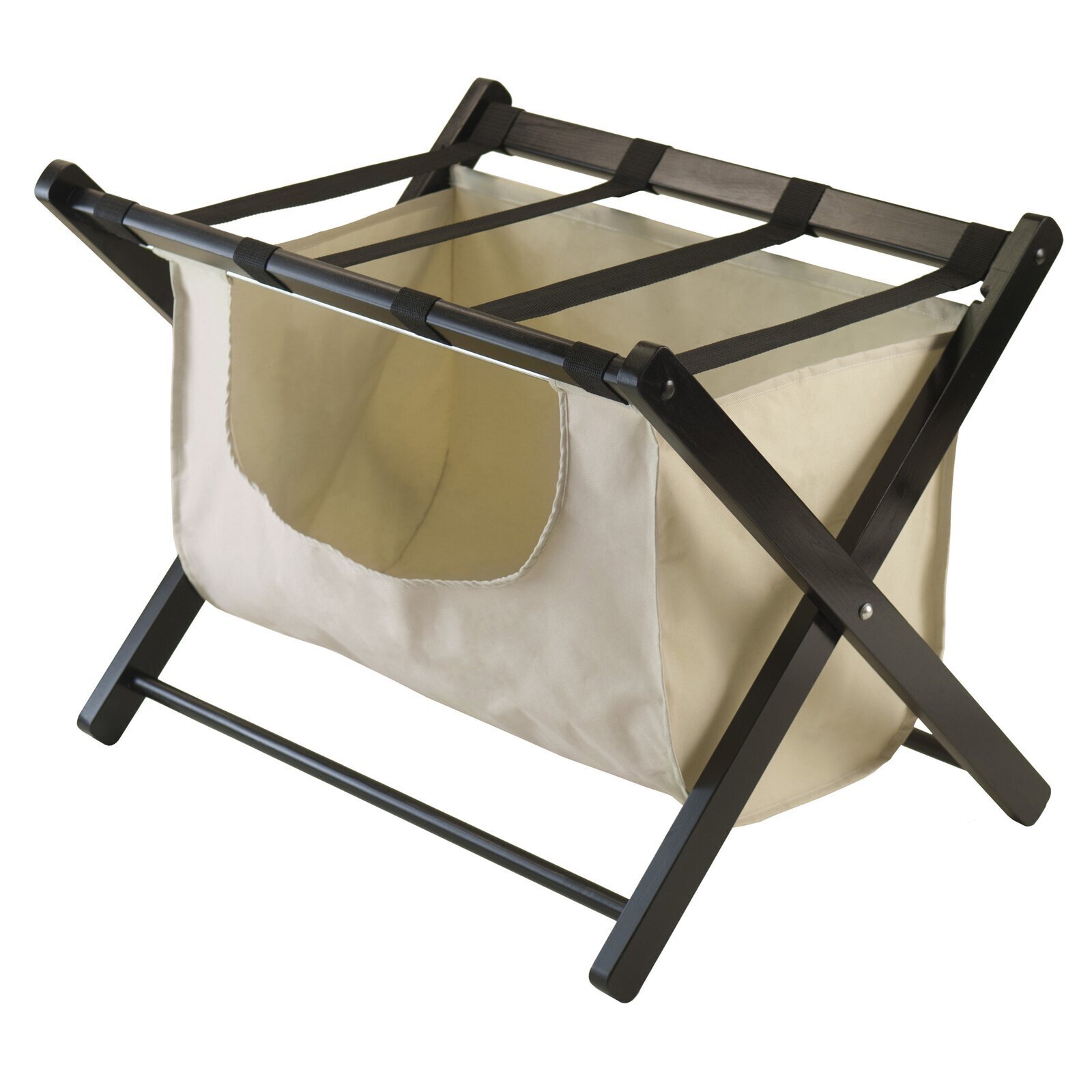 Small guest bedroom luggage rack with hanging bag
