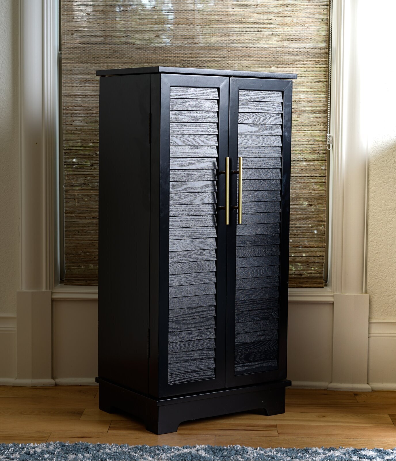 Tall Black Cabinet With Louvered Doors  