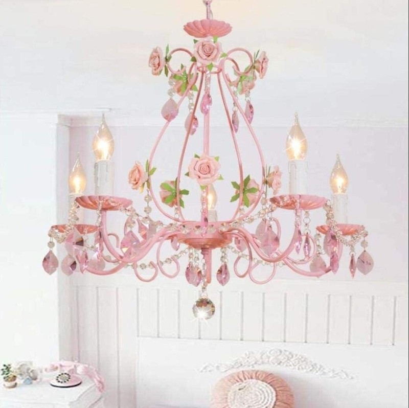 The Original 5 Light Pink Gypsy Chandelier H20 5 W 23 6 Pink Metal Frame With Light Pink Acrylic Crystals Girls Room Bedroom 2 ?s=l
