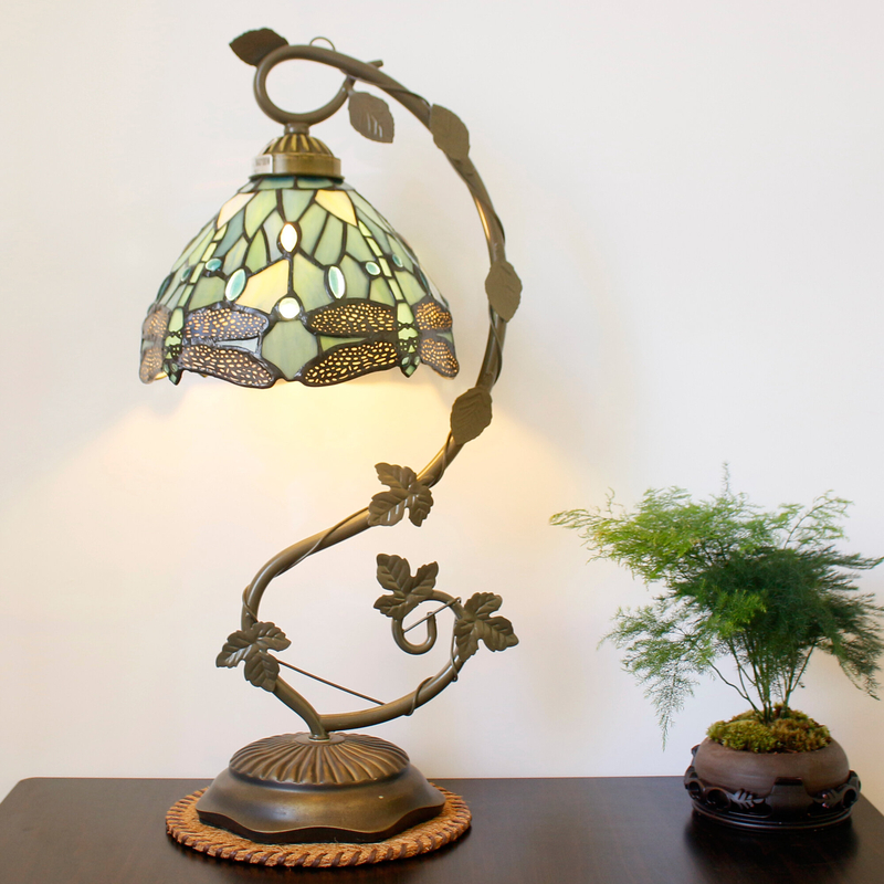 Tiffany Lamp - World Menagerie Stained Glass Bedside Table Lamp, LED Bulb Included W8H22 Inch Banker Desk Reading Light S147 Sea Blue Dragonfly Shade Living Room Bedroom Study Bookcase Coffee Bar Gifts