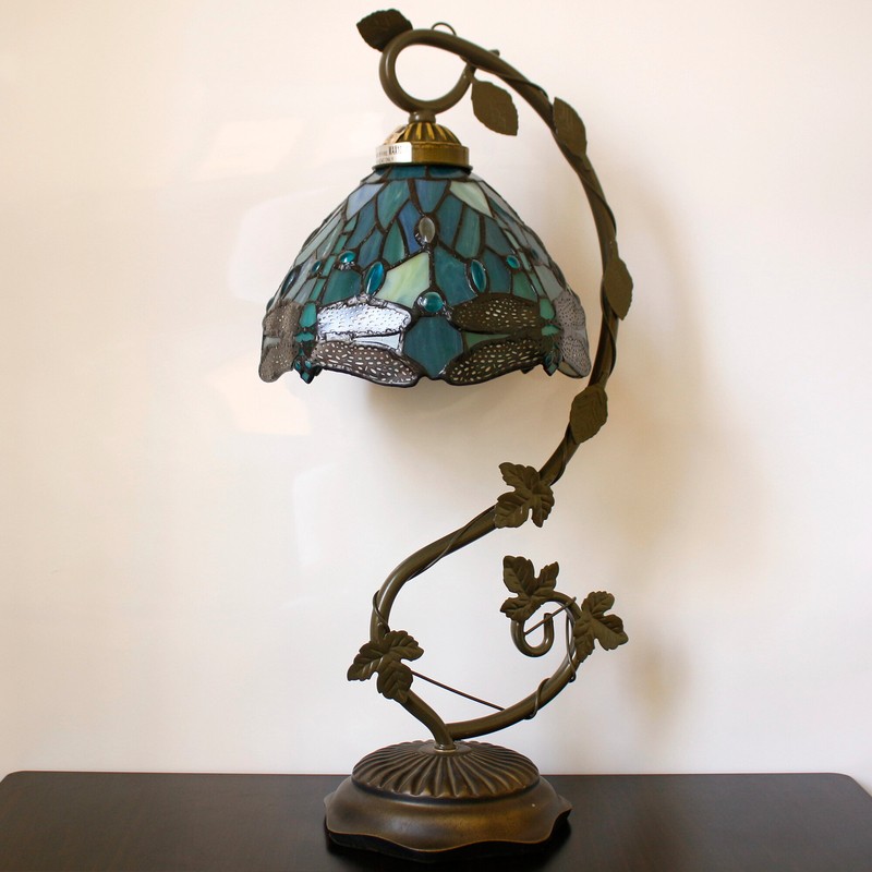 Tiffany Lamp - World Menagerie Stained Glass Bedside Table Lamp, LED Bulb Included W8H22 Inch Banker Desk Reading Light S147 Sea Blue Dragonfly Shade Living Room Bedroom Study Bookcase Coffee Bar Gifts