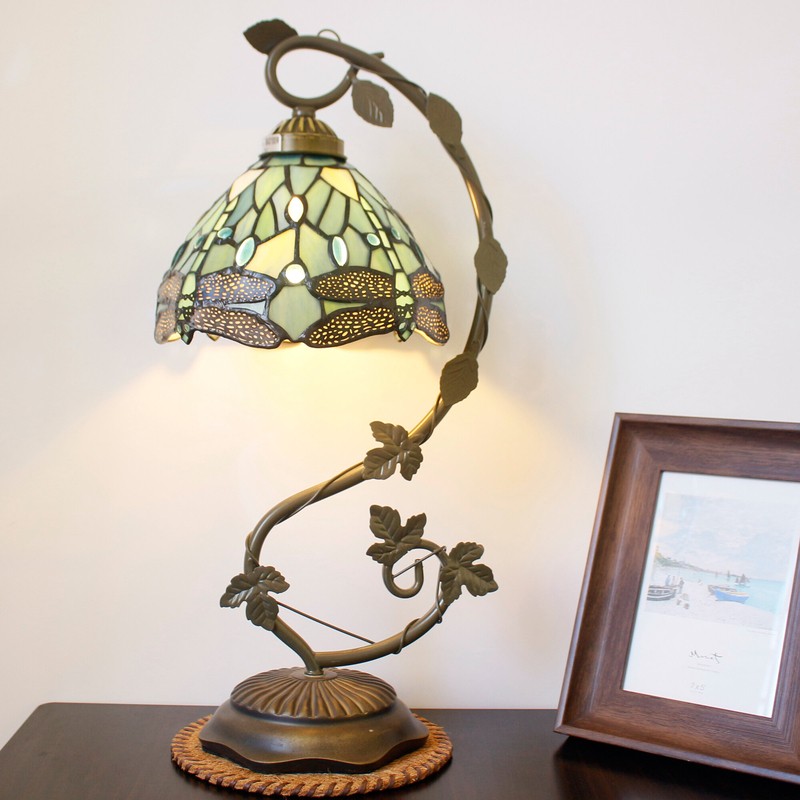 Tiffany Lamp - World Menagerie Stained Glass Bedside Table Lamp, LED Bulb Included W8H22 Inch Banker Desk Reading Light S147 Sea Blue Dragonfly Shade Living Room Bedroom Study Bookcase Coffee Bar Gifts
