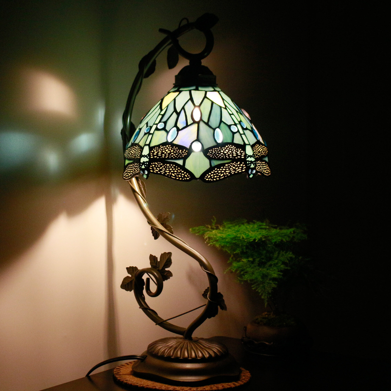 Tiffany Lamp - World Menagerie Stained Glass Bedside Table Lamp, LED Bulb Included W8H22 Inch Banker Desk Reading Light S147 Sea Blue Dragonfly Shade Living Room Bedroom Study Bookcase Coffee Bar Gifts