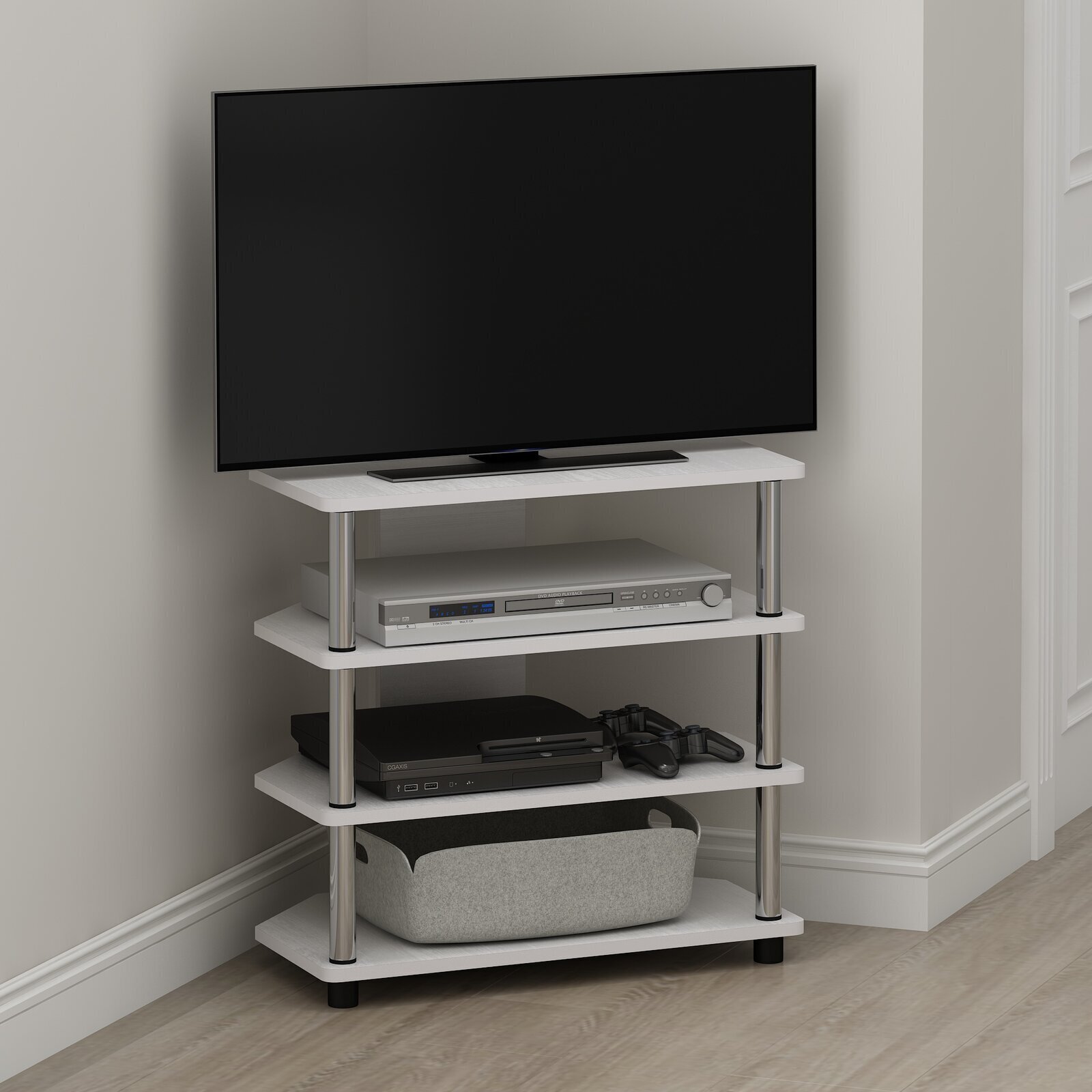 White Corner TV Stand With Open Design