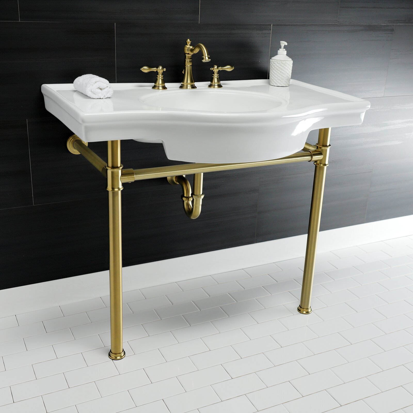 Wide Console Sink With Brushed Brass Legs