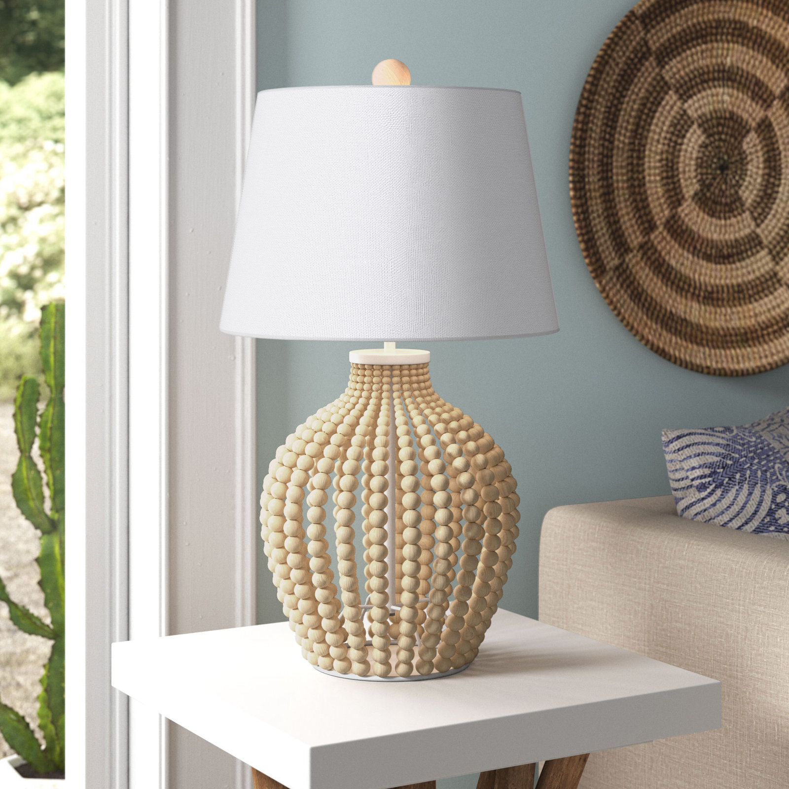 Wooden Bobbled Base Lamp With White Shade 