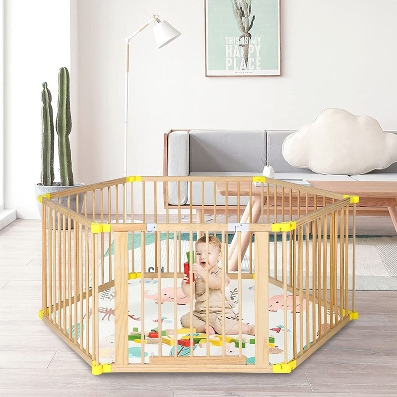 Wooden Foldable Baby Playpen 6 Panels Play Center Yard Home Indoor Outdoor Baby Fence Kids Safety Activity Center Safety Play Yard For Infants And Toddler (6 Panels)