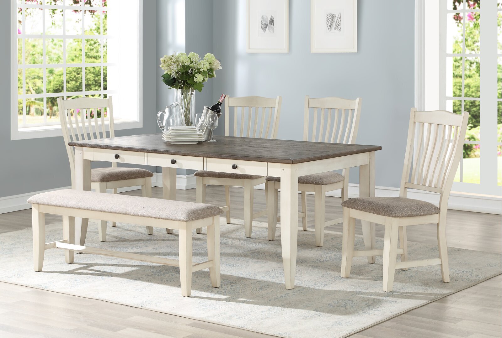 white farmhouse dining table with bench