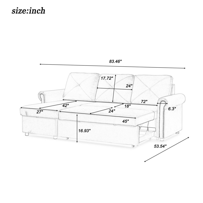 83" Sleeper Sofa Bed Convertible Sectional Sofa Couch, 3-Seater L-Shape Corner Couch With Storage For Living Room Apartment