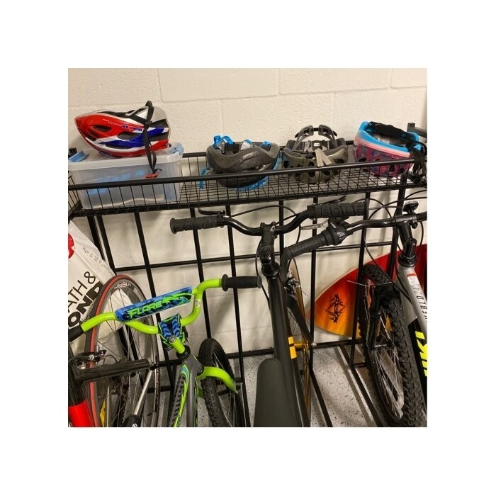 Arlmont & Co. 4 Bike Stand Rack With Storage – Metal Floor Bicycle Nook – Great For Parking Road, Mountain, Hybrid Or Kids Bikes – Garage Organizer - Helmet - Sports Storage Station - Black