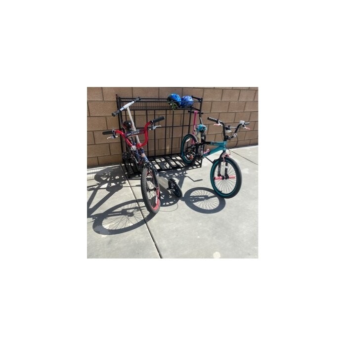 Arlmont & Co. 4 Bike Stand Rack With Storage – Metal Floor Bicycle Nook – Great For Parking Road, Mountain, Hybrid Or Kids Bikes – Garage Organizer - Helmet - Sports Storage Station - Black