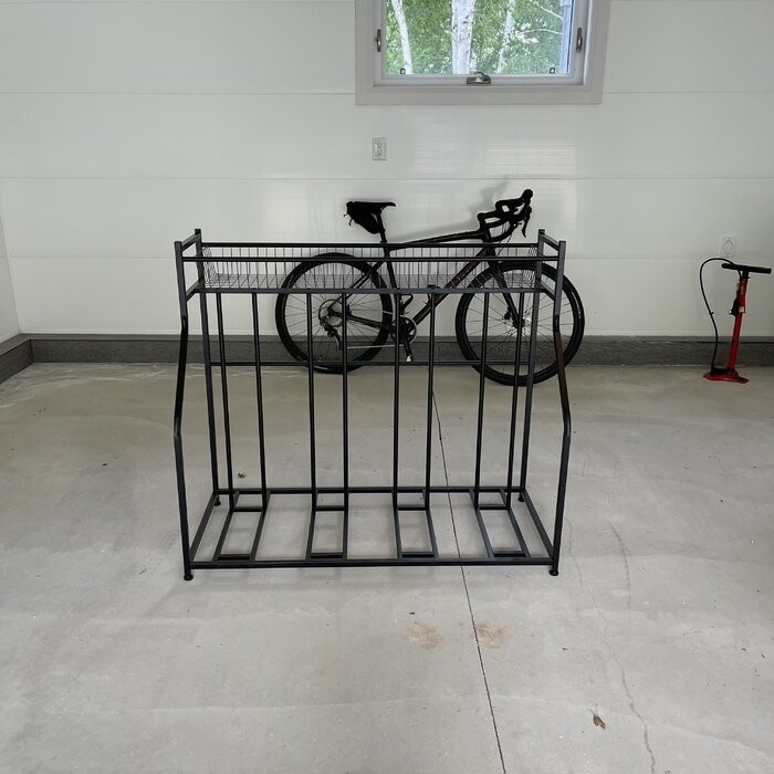 Arlmont & Co. 4 Bike Stand Rack With Storage – Metal Floor Bicycle Nook – Great For Parking Road, Mountain, Hybrid Or Kids Bikes – Garage Organizer - Helmet - Sports Storage Station - Black