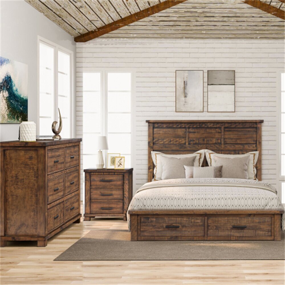 Distressed Pine Wood Bedroom Set 