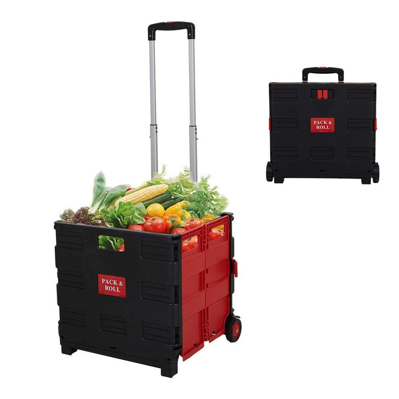 Folding Utility Cart 80Lbs Capacity Hand Cart Grocery Cart With Wheels Mobile Collapsible Rolling Crate For Shopping Luggage Tools Office Daily Use,Red/Large