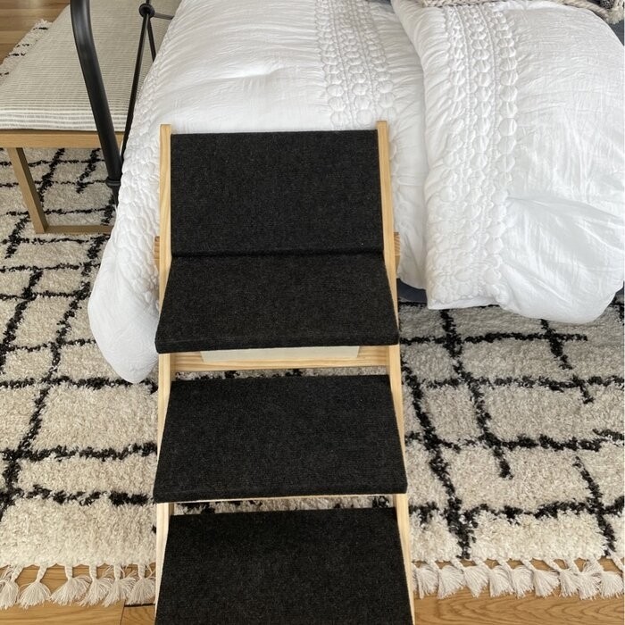 Izora 4 Step Wood Pet Stairs 2 In 1 Convertible Dog Steps and Carpeted Ramp Portable Foldable 4 Level Cat Ladder For High Bed Couch Car