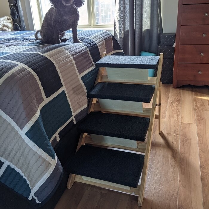 Izora 4 Step Wood Pet Stairs 2 In 1 Convertible Dog Steps and Carpeted Ramp Portable Foldable 4 Level Cat Ladder For High Bed Couch Car