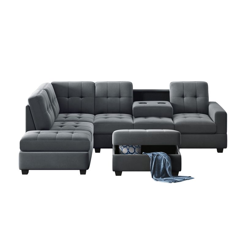 Latitude Run® 3 Piece Sectional Sofa With Reversible Chaise Lounge Storage Ottoman And Cup Holders