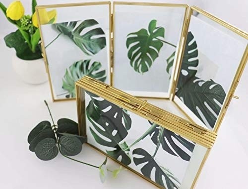 3 Floating Brass 4x6 Picture Frame Gold Triple 4x6 Folding Picture Frames,3 Opening Fold Photo Frame Gold Metal Pressed Classical Photo Frame,Wedding,Anniversary,House Warming,Events Gifts