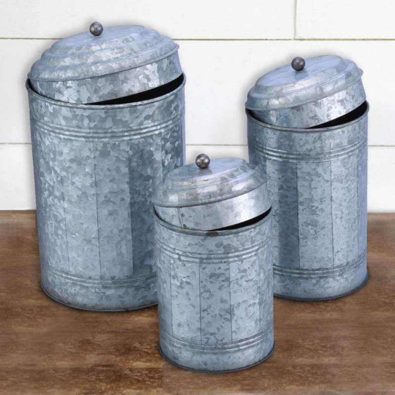 Set Of Three Round Lavender Tin Canister 