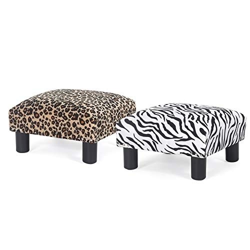 Adeco 15'' Small Ottoman Footstool- Modern Soft Fabric Footrest (Leopard)