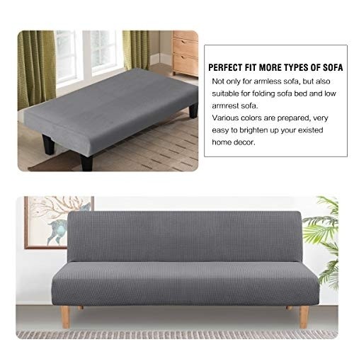 Armless Futon Cover Stretch Sofa Bed Slipcover Protector Elastic Feature Rich Textured High Spandex Small Checks Jacquard Fabric Futon Cover, Machine Washable, Gray