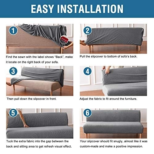 Armless Futon Cover Stretch Sofa Bed Slipcover Protector Elastic Feature Rich Textured High Spandex Small Checks Jacquard Fabric Futon Cover, Machine Washable, Gray