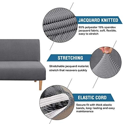 Armless Futon Cover Stretch Sofa Bed Slipcover Protector Elastic Feature Rich Textured High Spandex Small Checks Jacquard Fabric Futon Cover, Machine Washable, Gray
