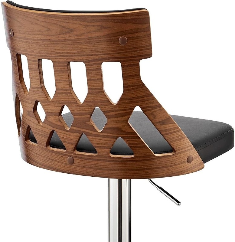 Azarion Adjustable Swivel Black Faux Leather & Walnut Wood Bar Stool With Chrome Base
